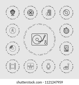 Record icon. collection of 13 record outline icons such as stopwatch, movie tape, disc on fire, microphone, hard disc, cd. editable record icons for web and mobile.