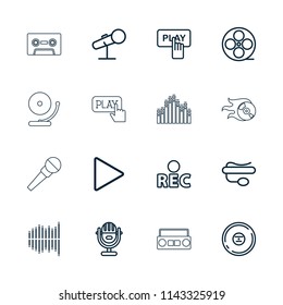 Record icon. collection of 16 record outline icons such as finger pressing play button, movie tape, pin microphone, rec, cd, play. editable record icons for web and mobile.