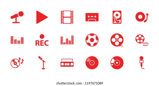 Record icon. collection of 18 record filled icons such as movie tape, disc on fire, microphone, rec, gramophone, disc, cassette. editable record icons for web and mobile.