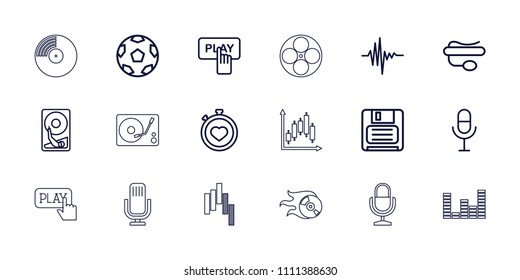 Record icon. collection of 18 record outline icons such as finger pressing play button, movie tape, stopwatch, microphone. editable record icons for web and mobile.