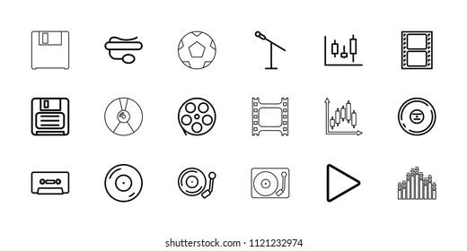 Record icon. collection of 18 record outline icons such as movie tape, microphone, panel control, disc on fire, pin microphone. editable record icons for web and mobile.