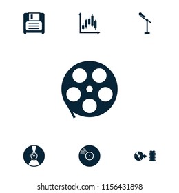 Record icon. collection of 7 record filled icons such as movie tape, diskette, microphone, panel control, disc on fire, cd. editable record icons for web and mobile.