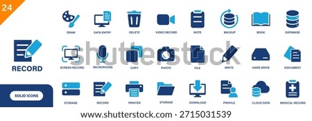 Record icon. Includes screen record, document, data, write, data entry, video record. Solid vector icon set.