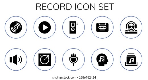 record icon set. 10 filled record icons.  Simple modern icons such as: Vinyl, Volume, Play, Turntable, Recorder, Microphone, Cassette, Music, DJ, Music album