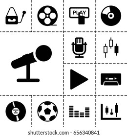 Record icon. set of 13 filled recordicons such as finger pressing play button, movie tape, microphone, cd, cassette, play, equalizer, panel control
