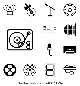 Record icon. set of 13 filled and outline record icons such as movie tape, disc flame, microphone, cassette, equalizer, pin microphone