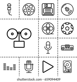 Record icon. set of 13 outline recordicons such as movie tape, microphone, diskette, play, equalizer, record player, cd, hard disc