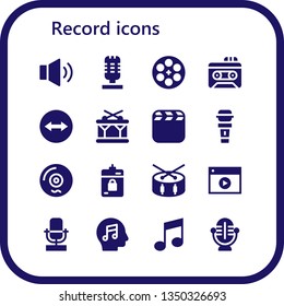 record icon set. 16 filled record icons.  Collection Of - Volume, Microphone, Film reel, Recorder, Team viewer, Drum, Video, Vinyl, Harddrive, Music