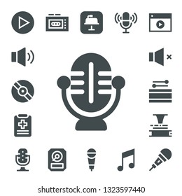 record icon set. 17 filled record icons.  Simple modern icons about  - Play, Volume, Vinyl, Microphone, Medical report, Drum, Phonograph, Recorder, Hdd, Keynote, Music, Video