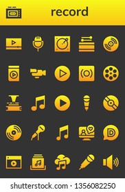 record icon set. 26 filled record icons.  Collection Of - Video, Recorder, Microphone, Turntable, Drum, Vinyl, Media player, Play, Record, Film reel, Phonograph, Music, Videocall