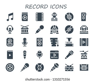 record icon set. 30 filled record icons.  Collection Of - Music, Media player, Film strip, Player, Vinyl, Recorder, Voice recorder, Drum, Microphone, Jukebox, Compact disc, DJ