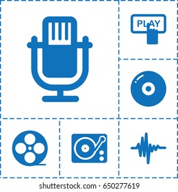 Record icon. set of 6 record filled icons such as finger pressing play button, movie tape, gramophone, music equalizer, disc