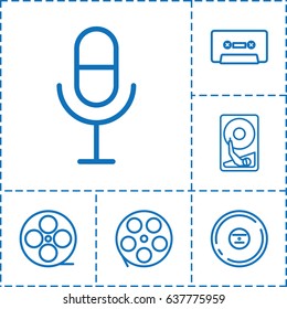 Record icon. set of 6 record outline icons such as movie tape, microphone, cd, cassette