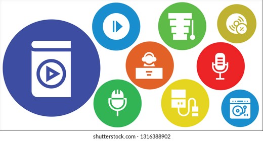 record icon set. 9 filled record icons.  Simple modern icons about  - Media player, Play, Xylophone, Microphone, Hard drive, DJ, Vynil, Turntable