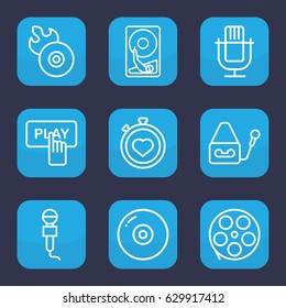 Record icon. set of 9 outline record icons such as finger pressing play button, stopwatch, disc flame, microphone, hard disc, disc