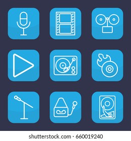 Record icon. set of 9 outline record icons such as movie tape, disc flame, microphone, play, gramophone
