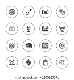 Record icon set. collection of 16 outline record icons with cassette, compact disc, buttons, disc, eighty, drum, film reel, drums, harddrive, mandolin, microphone icons.