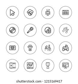 Record icon set. collection of 16 outline record icons with cassette, compact disc, drum, film strip, medical history, gramophone, microphone, music, play, player icons.