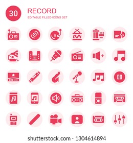 record icon set. Collection of 30 filled record icons included Radio, Vinyl, Drums, Film strip, Gramophone, Music, Karaoke, Volume, Video, Level, Saxophone, Microphone, Audiobook