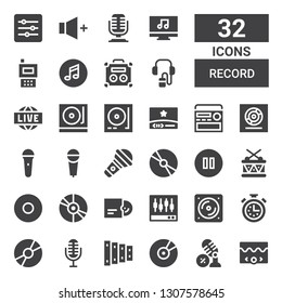 record icon set. Collection of 32 filled record icons included Video, Microphone, Cd, Xylophone, Disc, Stopwatch, Vinyl, Levels, Recording, Drum, Pause, Mic, Radio, Turntable