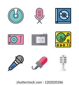 record icon set. vector set about recorder, microphone, turntable and compact disc icons set.