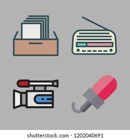 record icon set. vector set about video camera, filing cabinet, radio and microphone icons set.