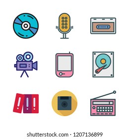 record icon set. vector set about cassette, diskette, compact disc and radio icons set.