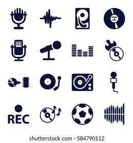 record icons set. Set of 16 record filled icons such as disc on fire, disc flame, microphone, rec, CD, equalizer, gramophone, music equalizer