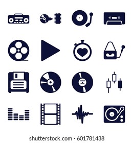 record icons set. Set of 16 record filled icons such as stopwatch, movie tape, microphone, diskette, CD, cassette, play, equalizer, gramophone, record player, music equalizer