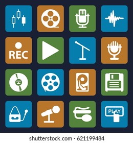Record icons set. set of 16 record filled icons such as Finger pressing play button, movie tape, pin microphone, microphone, rec, diskette, CD, play, music equalizer