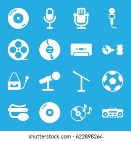 Record icons set. set of 16 record filled icons such as movie tape, disc on fire, microphone, pin microphone, CD, cassette, record player