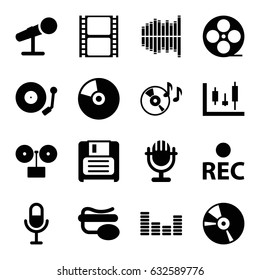 Record icons set. set of 16 record filled icons such as movie tape, disc on fire, microphone, pin microphone, rec, diskette, CD, equalizer, gramophone