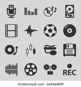 Record icons set. set of 16 record filled icons such as movie tape, disc on fire, pin microphone, rec, diskette, equalizer, music equalizer, gramophone, hard disc, disc