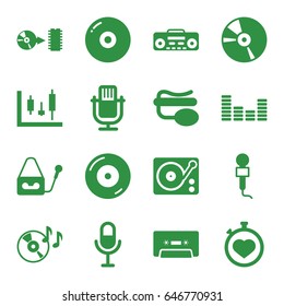 Record icons set. set of 16 record filled icons such as stopwatch, disc on fire, microphone, pin microphone, cd, cassette, equalizer, gramophone, record player, disc