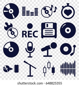 Record icons set. set of 16 record filled icons such as stopwatch, disc on fire, disc flame, microphone, rec, diskette, cd, equalizer, disc, gramophone
