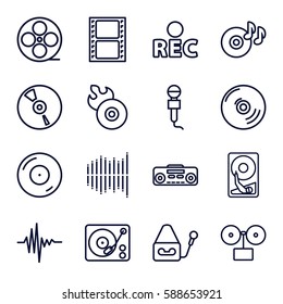 record icons set. Set of 16 record outline icons such as movie tape, disc on fire, disc flame, microphone, rec, CD, gramophone, record player, music equalizer, equalizer