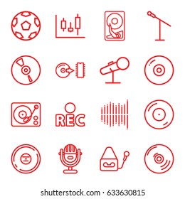 Record icons set. set of 16 record outline icons such as disc on fire, microphone, rec, cd, gramophone, equalizer, disc, hard disc, panel control