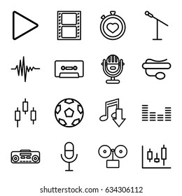 Record icons set. set of 16 record outline icons such as stopwatch, movie tape, microphone, pin microphone, cassette, play, equalizer, record player, music equalizer