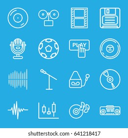 Record icons set. set of 16 record outline icons such as finger pressing play button, movie tape, disc on fire, microphone, diskette, cd, record player, music equalizer