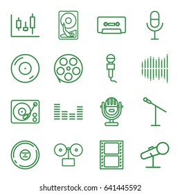 Record icons set. set of 16 record outline icons such as movie tape, disc on fire, microphone, cd, cassette, equalizer, gramophone, hard disc