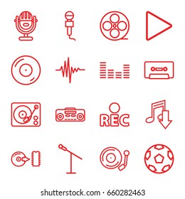 Record icons set. set of 16 record outline icons such as movie tape, disc on fire, microphone, rec, cassette, play, equalizer, gramophone, record player, music equalizer, disc