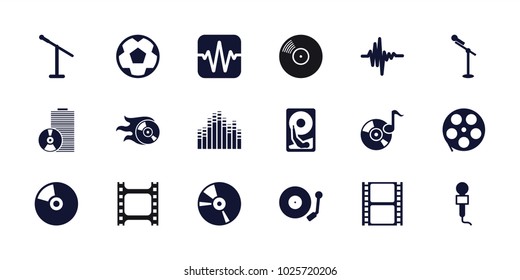 Record icons. set of 18 editable filled record icons: movie tape, microphone, cd, music equalizer, gramophone, hard disc, disc on fire