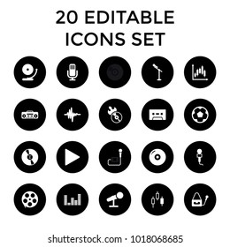 Record icons. set of 20 editable filled record icons such as disc, movie tape, control panel, disc flame, microphone, play. best quality record elements in trendy style.