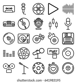 Record icons set. set of 25 record outline icons such as finger pressing play button, stopwatch, movie tape, disc on fire, disc flame, microphone, diskette, cd, cassette, play