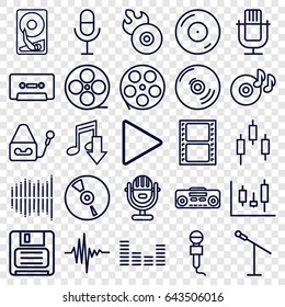 Record icons set. set of 25 record outline icons such as movie tape, disc on fire, disc flame, microphone, diskette, cd, cassette, play, equalizer, record player