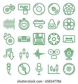 Record icons set. set of 25 record outline icons such as finger pressing play button, stopwatch, movie tape, disc on fire, disc flame, microphone, pin microphone, diskette, cd