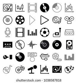 Record icons. set of 36 editable filled and outline record icons such as disc, movie tape, disc on fire, microphone, cd, hard disc, gramophone, panel control, pin microphone