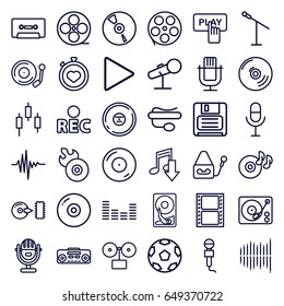 Record icons set. set of 36 record outline icons such as finger pressing play button, stopwatch, movie tape, disc on fire, disc flame, microphone, pin microphone, rec