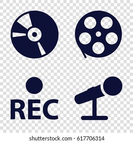Record icons set. set of 4 record filled icons such as rec, CD, microphone