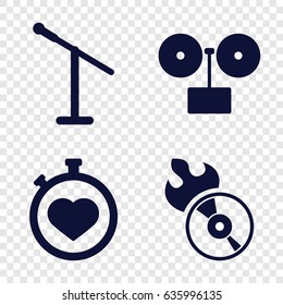 Record icons set. set of 4 record filled icons such as stopwatch, disc flame, microphone